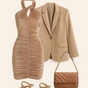 Crave Fame Tan Ruched Tie Front Halter Dress